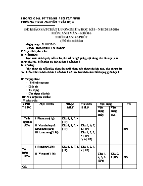 2 Đề khảo sát chất lượng giữa học kì I môn Tiếng Anh Lớp 6 - Năm học 2015-2016 - Trường THCS Nguyễn Thái Học